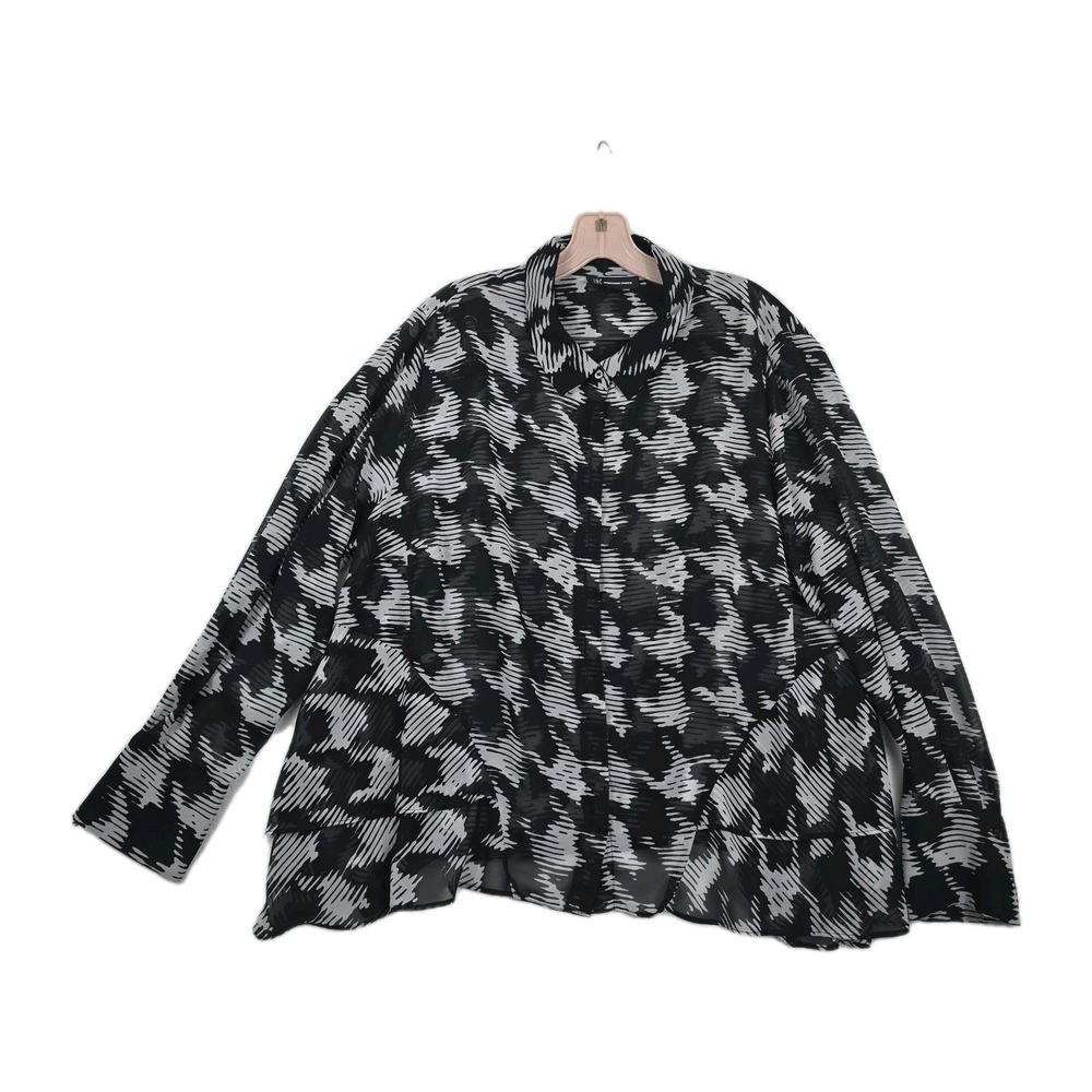 INC Women's Plus 2X Black White Houndstooth Sheer Collared Button Up‎ Top